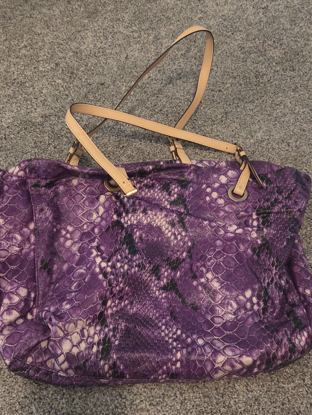 Purple Snake-Print Tote Bag with Tan Straps
